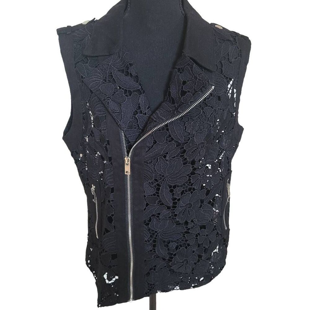 Adore Womens Black Lace Zip Front Sleeveless Cropped Biker Style Vest Large